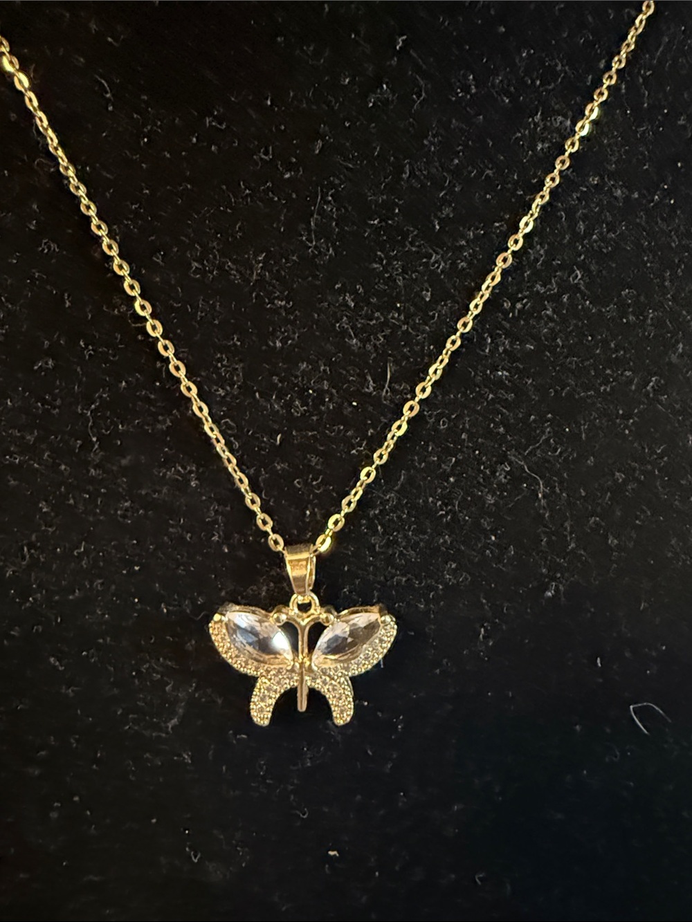 Gold Butterfly Pendant Necklace with Clear Crystal Wings Stainless Steel
